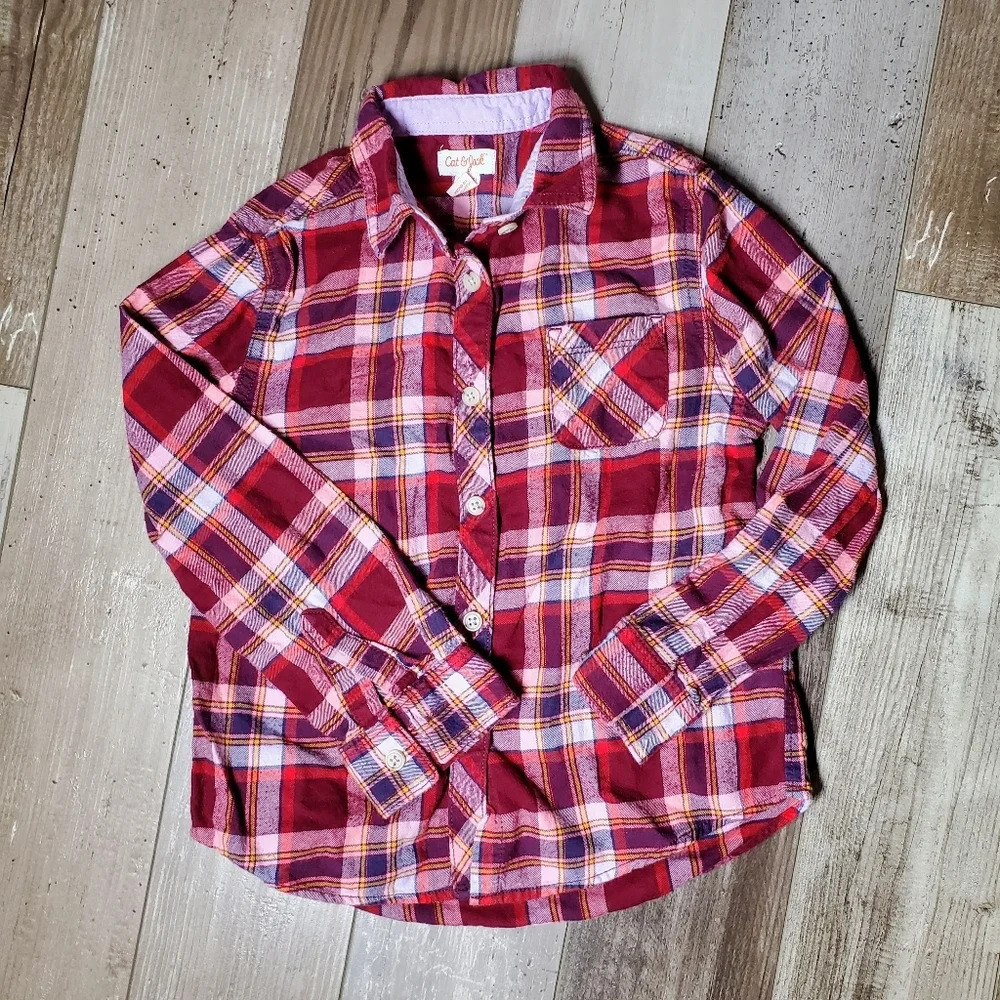 Cat & Jack Girls Burgundy Plaid Long Sleeve Flannel Buttondown Size 6/6X